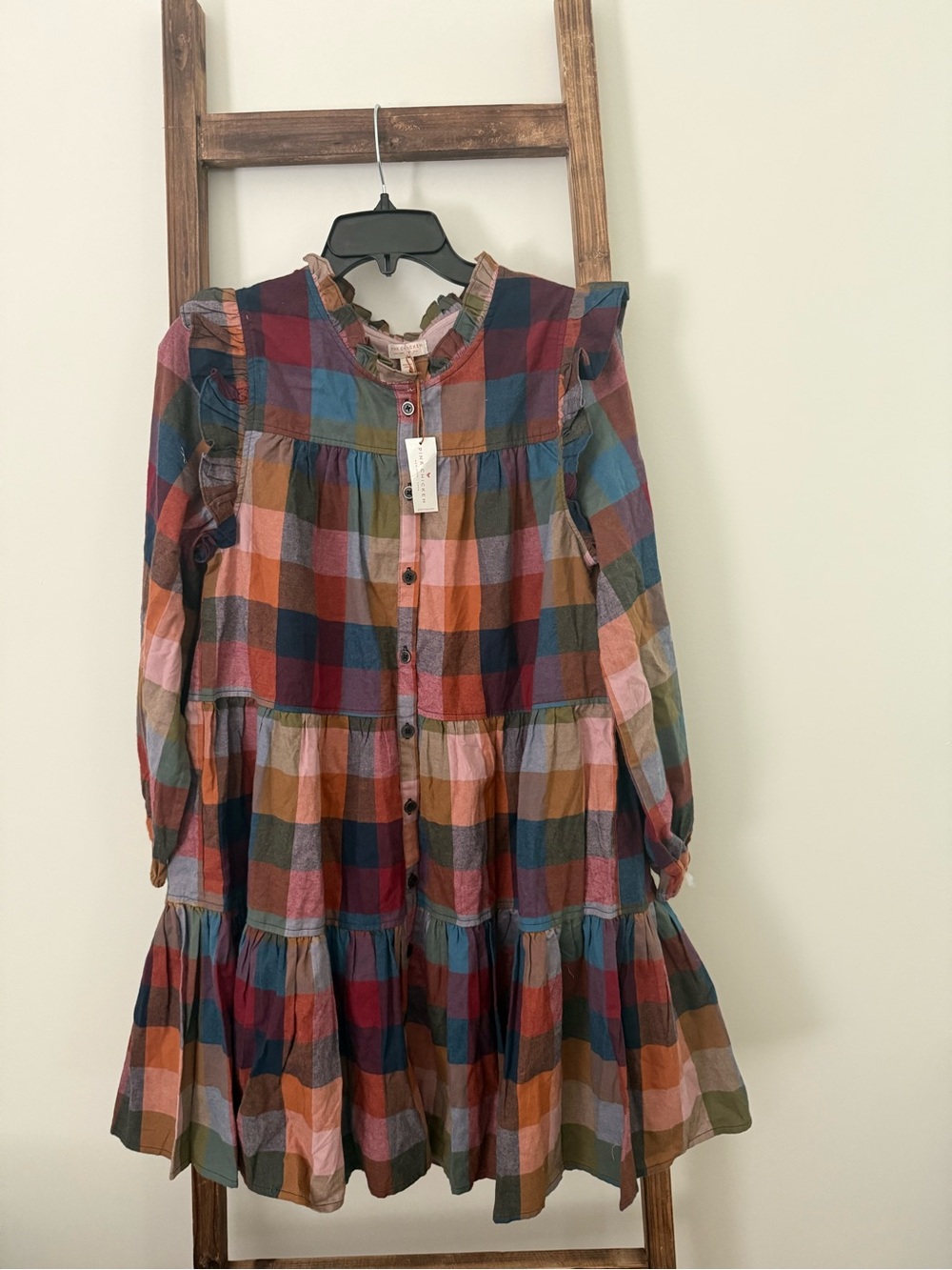 Pink Chicken Multicolor Plaid Tiered Button-Front Dress